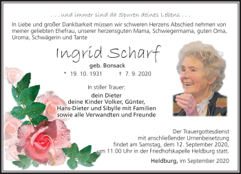 Traueranzeige von Ingrid Scharf von Südthüringer Presse