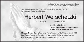 Traueranzeige von Herbert Werschetzki von Neue Presse Coburg