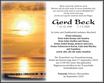 Traueranzeige von Gerd Beck von Südthüringer Presse