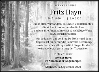Traueranzeige von Fritz Hayn von Südthüringer Presse