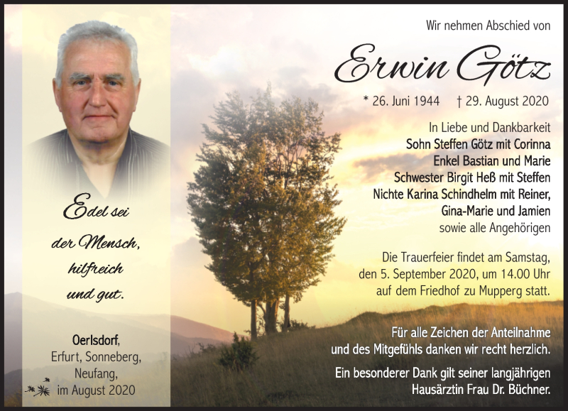  Traueranzeige für Erwin Götz vom 02.09.2020 aus Südthüringer Presse