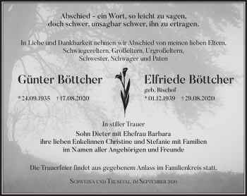 Traueranzeige von ElfriedeGünter BöttcherBöttcher von Südthüringer Presse
