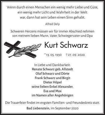 Traueranzeige von Kurt Schwarz von Südthüringer Presse