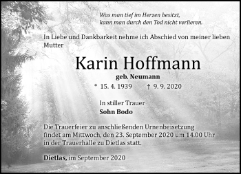 Traueranzeige von Karin Hoffmann von Südthüringer Presse