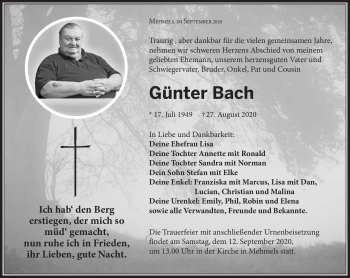 Traueranzeige von Günter Bach von Südthüringer Presse