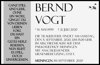 Traueranzeige von Bernd Vogt von Südthüringer Presse