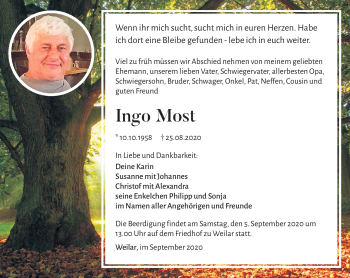 Traueranzeige von Ingo Most von Südthüringer Presse