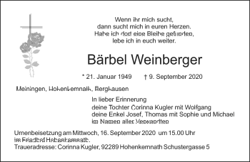 Traueranzeige von Bärbel Weinberger von Südthüringer Presse