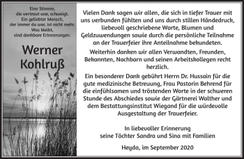 Traueranzeige von Werner Kohlruß von Südthüringer Presse