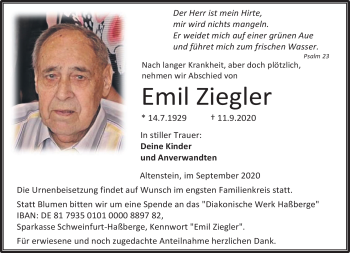 Traueranzeige von Emil Ziegler von Neue Presse Coburg