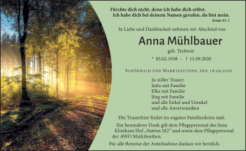 Traueranzeige von Anna Mühlbauer von Frankenpost