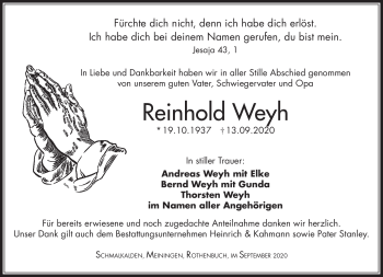 Traueranzeige von Reinhold Weyh von Südthüringer Presse