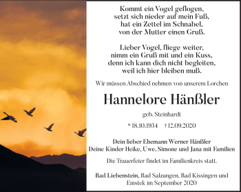 Traueranzeige von Hannelore Hänßler von Südthüringer Presse