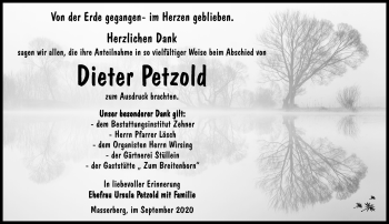 Traueranzeige von Dieter Petzold von Südthüringer Presse
