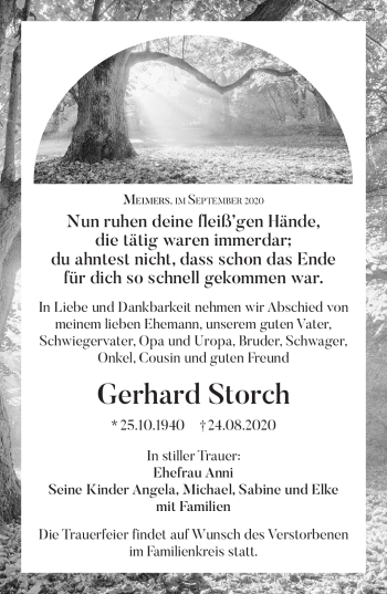 Traueranzeige von Gerhard Storch von Südthüringer Presse