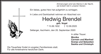 Traueranzeige von Hedwig Brendel von Frankenpost