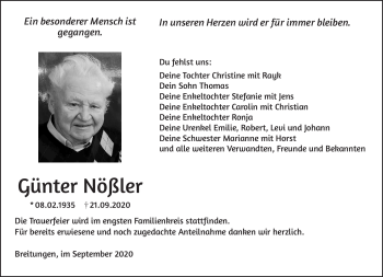 Traueranzeige von Günter Nößler von Südthüringer Presse