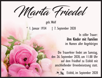 Traueranzeige von Martha Friedel von Südthüringer Presse