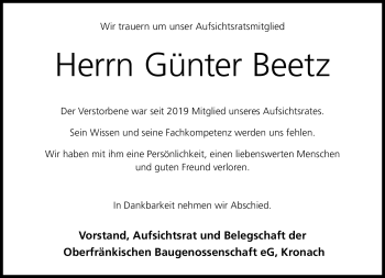 Traueranzeige von Günter Beetz von Neue Presse Coburg