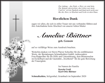 Traueranzeige von Annelise Büttner von Südthüringer Presse