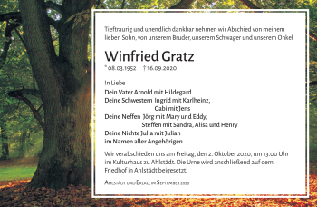 Traueranzeige von Winfried Gratz von Südthüringer Presse