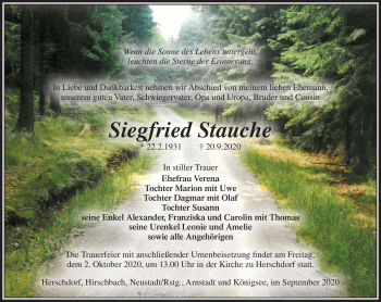 Traueranzeige von Siegfried Stauch von Südthüringer Presse