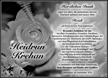 Traueranzeige von Heidrun Krehan von Südthüringer Presse