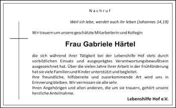 Traueranzeige von Gabriele Härtel von Frankenpost