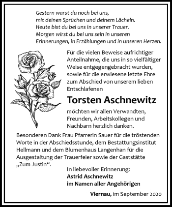 Traueranzeige von Torsten Aschnewitz von Südthüringer Presse