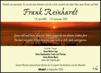 Traueranzeige von Frank Reinhardt von Südthüringer Presse