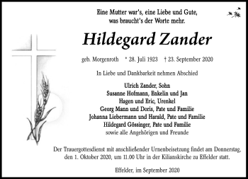 Traueranzeige von Hildegard Zander von Südthüringer Presse
