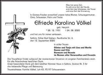 Traueranzeige von Elfriede Völkel von Frankenpost