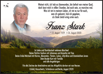 Traueranzeige von Franz Stark von Südthüringer Presse