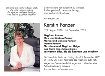 Traueranzeige von Kerstin Panzer von Südthüringer Presse