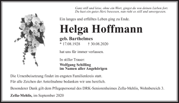 Traueranzeige von Helga Hoffmann von Südthüringer Presse