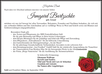 Traueranzeige von Irmgard Bartzschke von Südthüringer Presse