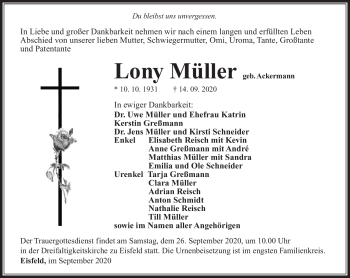 Traueranzeige von Lony Müller von Südthüringer Presse