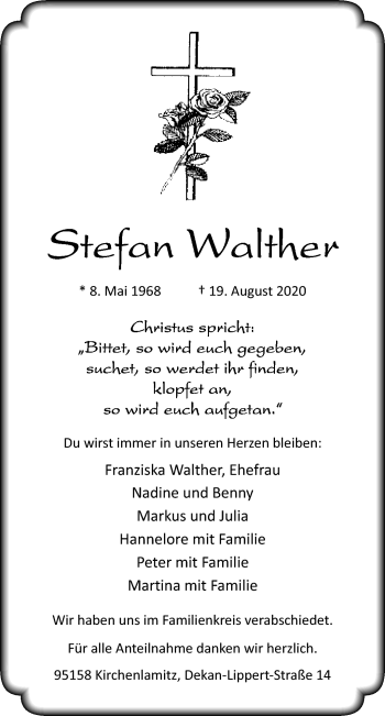Traueranzeige von Stefan Walther von Frankenpost