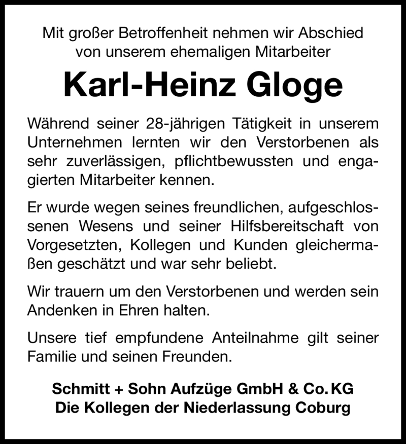  Traueranzeige für Karl-Heinz Gloge vom 05.09.2020 aus Neue Presse Coburg