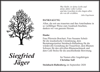 Traueranzeige von Siegfried Jäger von Südthüringer Presse