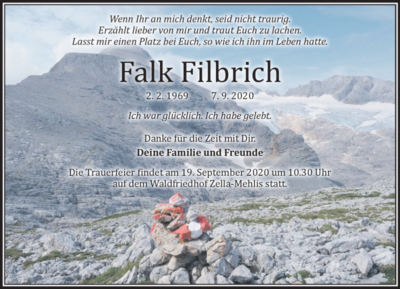  Traueranzeige für Falk Filbrich vom 12.09.2020 aus Südthüringer Presse