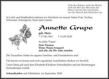 Traueranzeige von Annette Grupe von Südthüringer Presse
