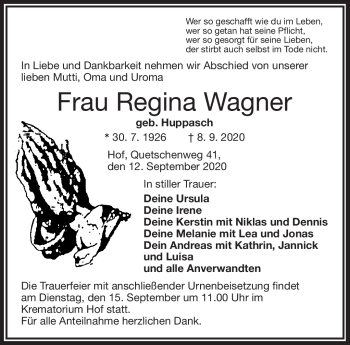 Traueranzeige von Regina Wagner von Frankenpost