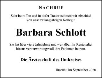 Traueranzeige von Barbara Schlott von Südthüringer Presse
