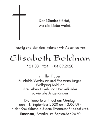Traueranzeige von Elisabeth Bolduan von Südthüringer Presse