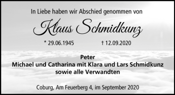 Traueranzeige von Klaus Schmidtkunz von Neue Presse Coburg