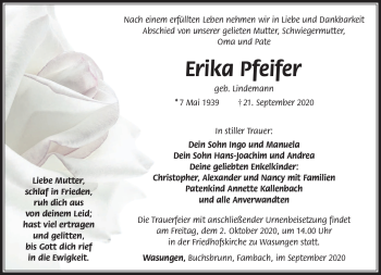 Traueranzeige von Erika Pfeifer von Südthüringer Presse