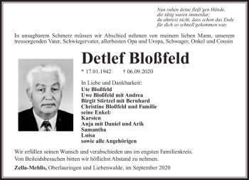 Traueranzeige von Detlef Bloßfeld von Südthüringer Presse
