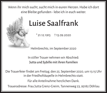 Traueranzeige von Luise Saalfrank von Frankenpost