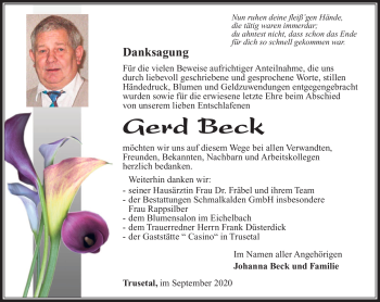 Traueranzeige von Gerd Beck von Südthüringer Presse